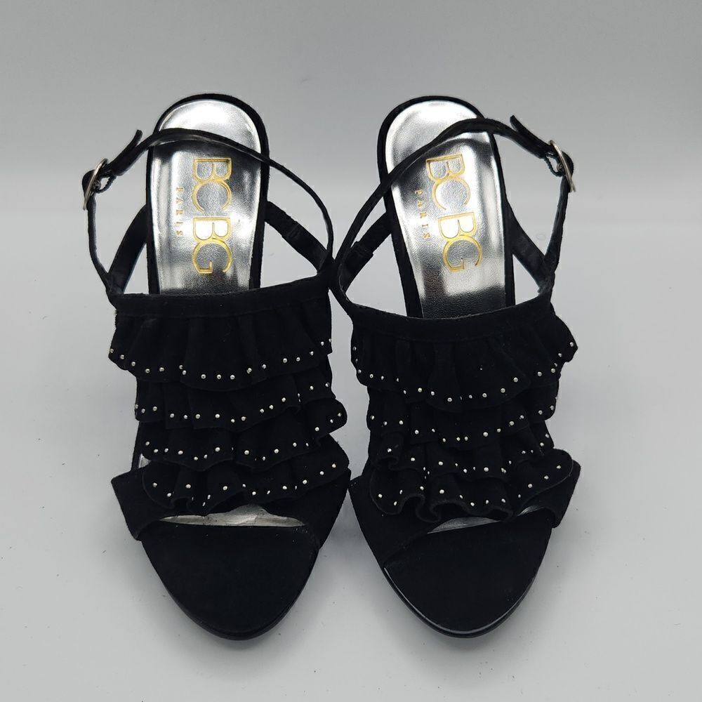 BCBG Paris Black leather upper ruffle metal silver studs Ankle strap stilettos 6